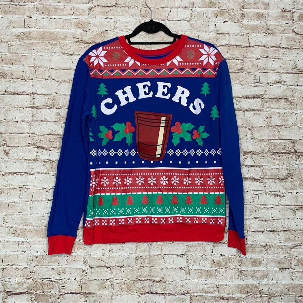 Cheers blue ugly holiday sweater blue Sz L new